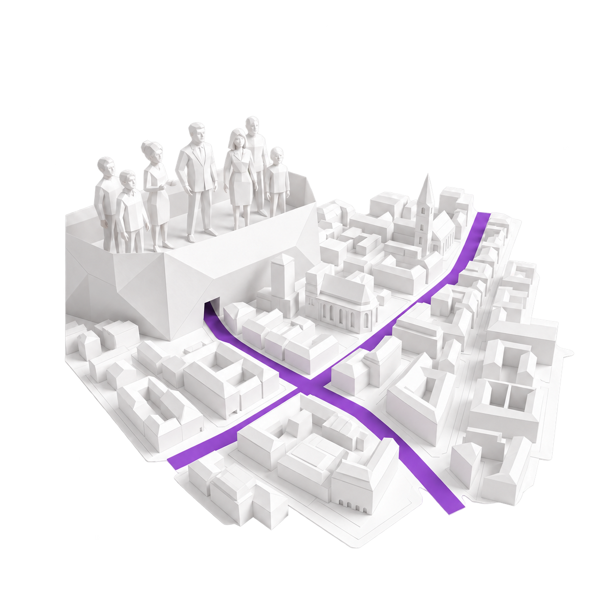 KI-Roadmap als Paper-World-Stadtlandschaft von KI mit Kopf